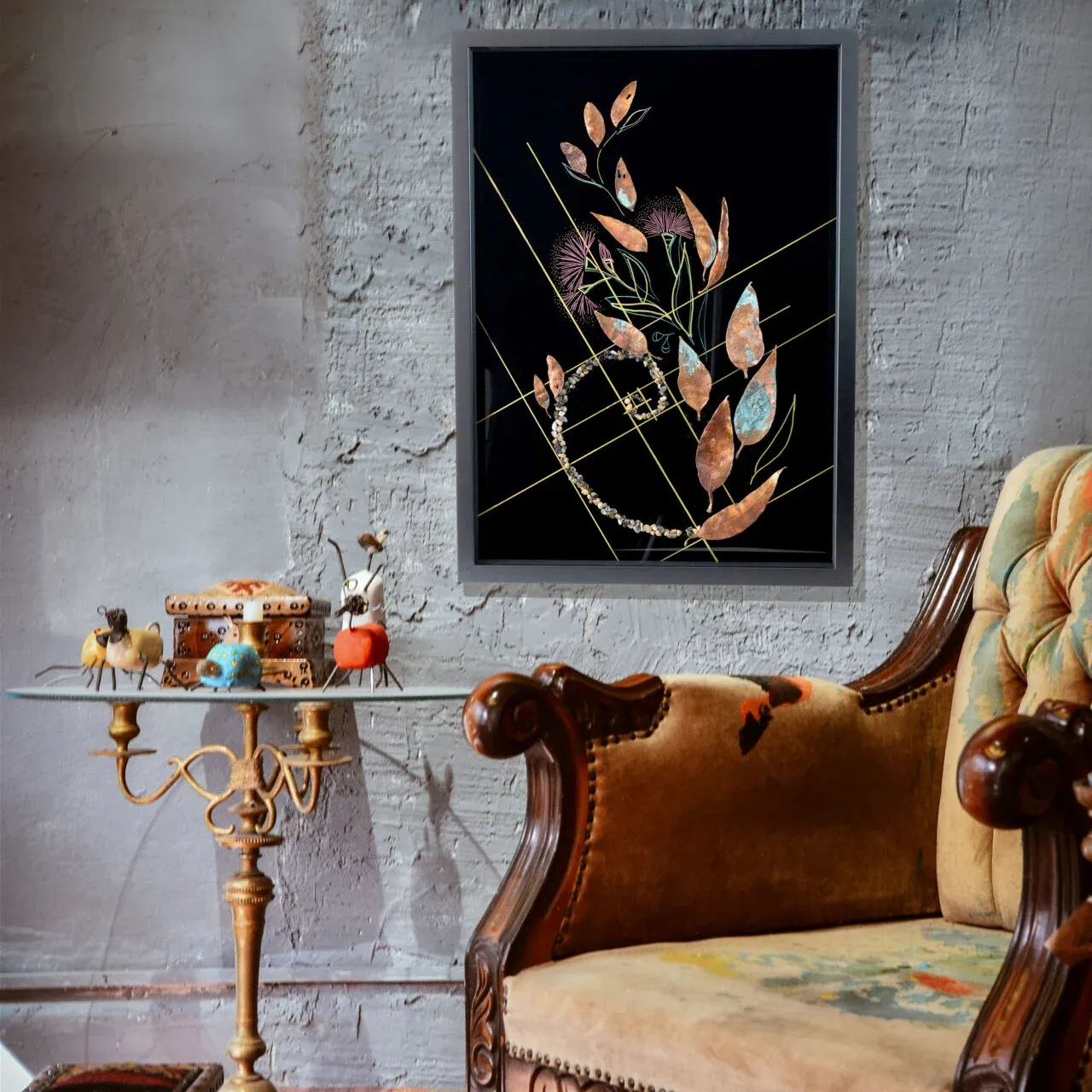 Spiral of Nature — Copper eucalyptus leaves, quartz crystals, ink