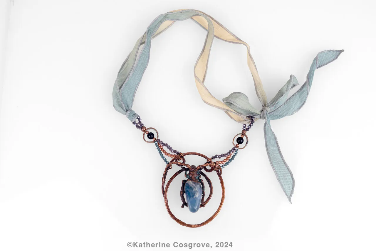 Fluorite Crystal with Beetle — Fluorite crystal, glass beads, silk ribbon, Anoplophora chinesis beetle, copper, Length variable