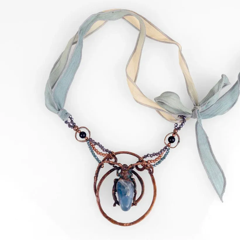 Fluorite Crystal with Beetle — Fluorite crystal, glass beads, silk ribbon, Anoplophora chinesis beetle, copper, Length variable