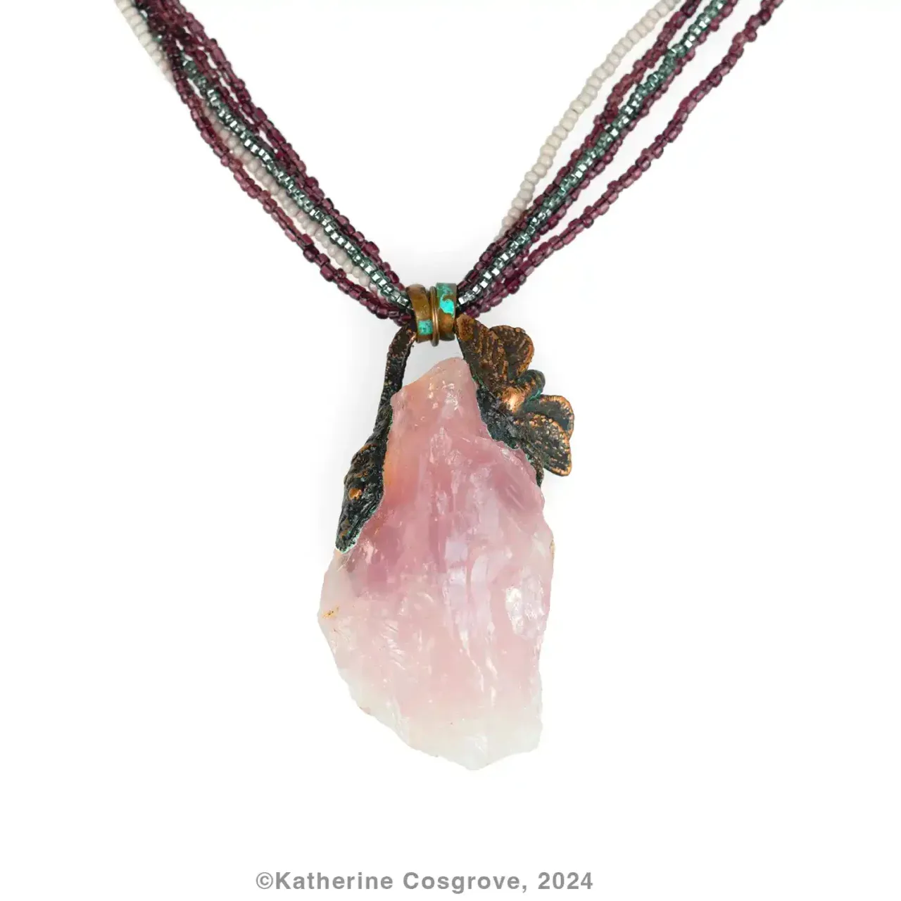 Rose Quartz Crystal with Moth — Raw rose quartz crystal, copper moth, copper, beads, 48 cm
