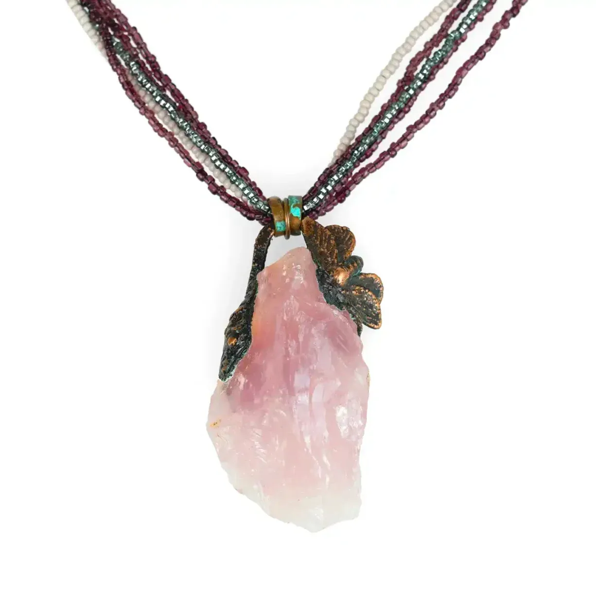 Rose Quartz Crystal with Moth — Raw rose quartz crystal, copper moth, copper, beads, 48 cm