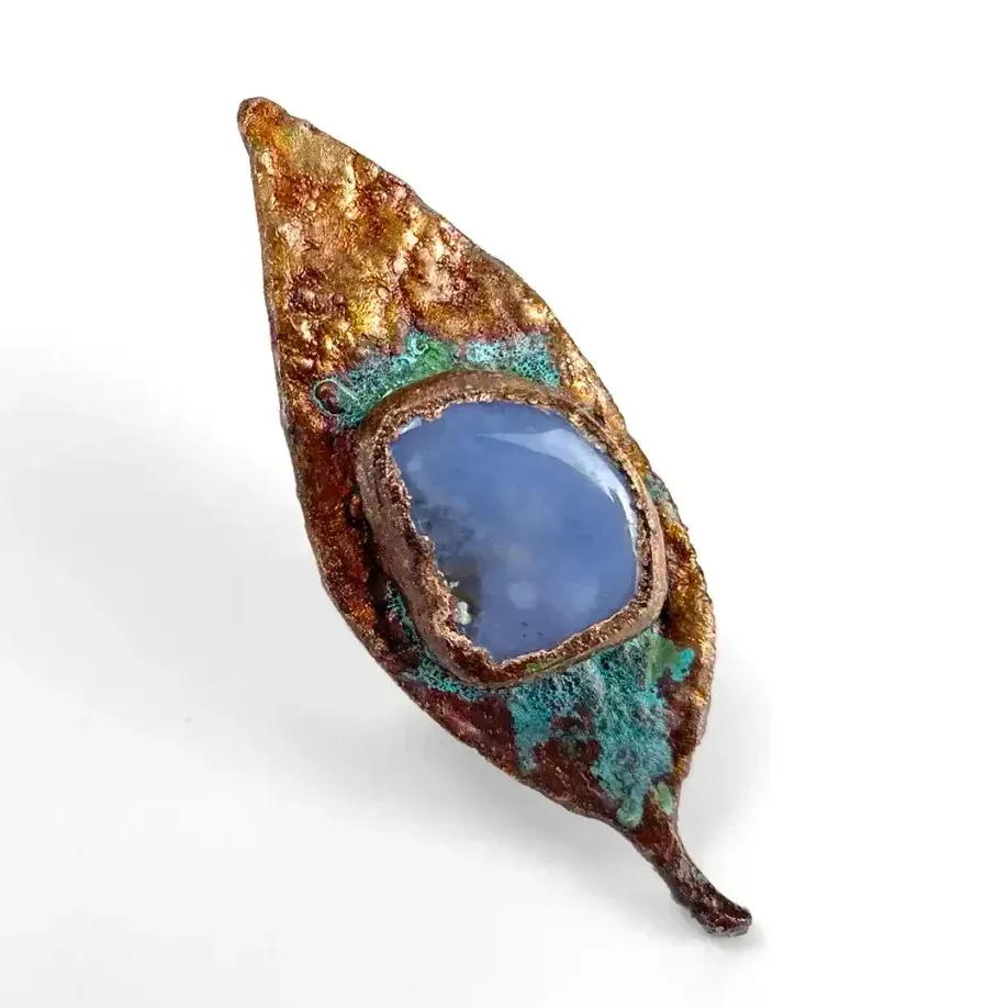 Eucalyptus Ring with Blue Chalcedony — Australian nature in copper, blue chalcedony stone, Adjustable