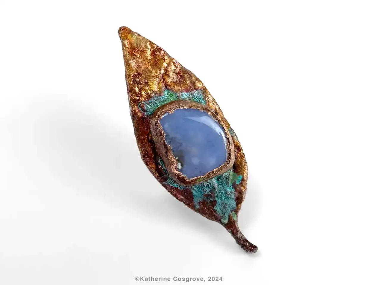 Eucalyptus Ring with Blue Chalcedony — Australian nature in copper, blue chalcedony stone, Adjustable