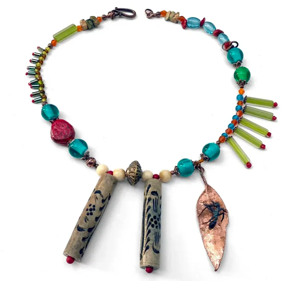 Necklace #12 — Australian nature in copper with ant, glass beads, metal beads, wooden beads, stone beads, ceramic, copper, leather, 39–47 cm