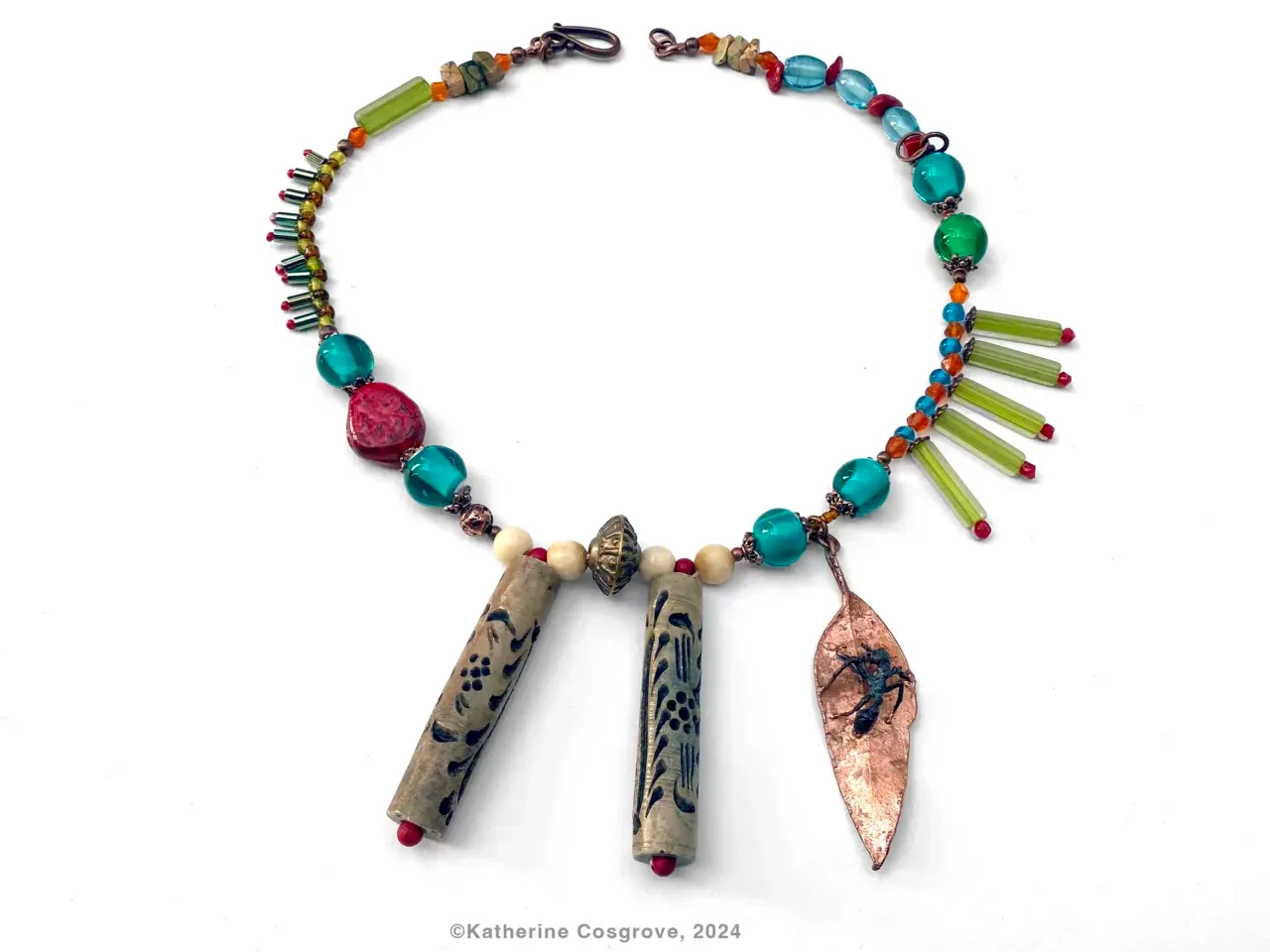 Necklace #12 — Australian nature in copper with ant, glass beads, metal beads, wooden beads, stone beads, ceramic, copper, leather, 39–47 cm