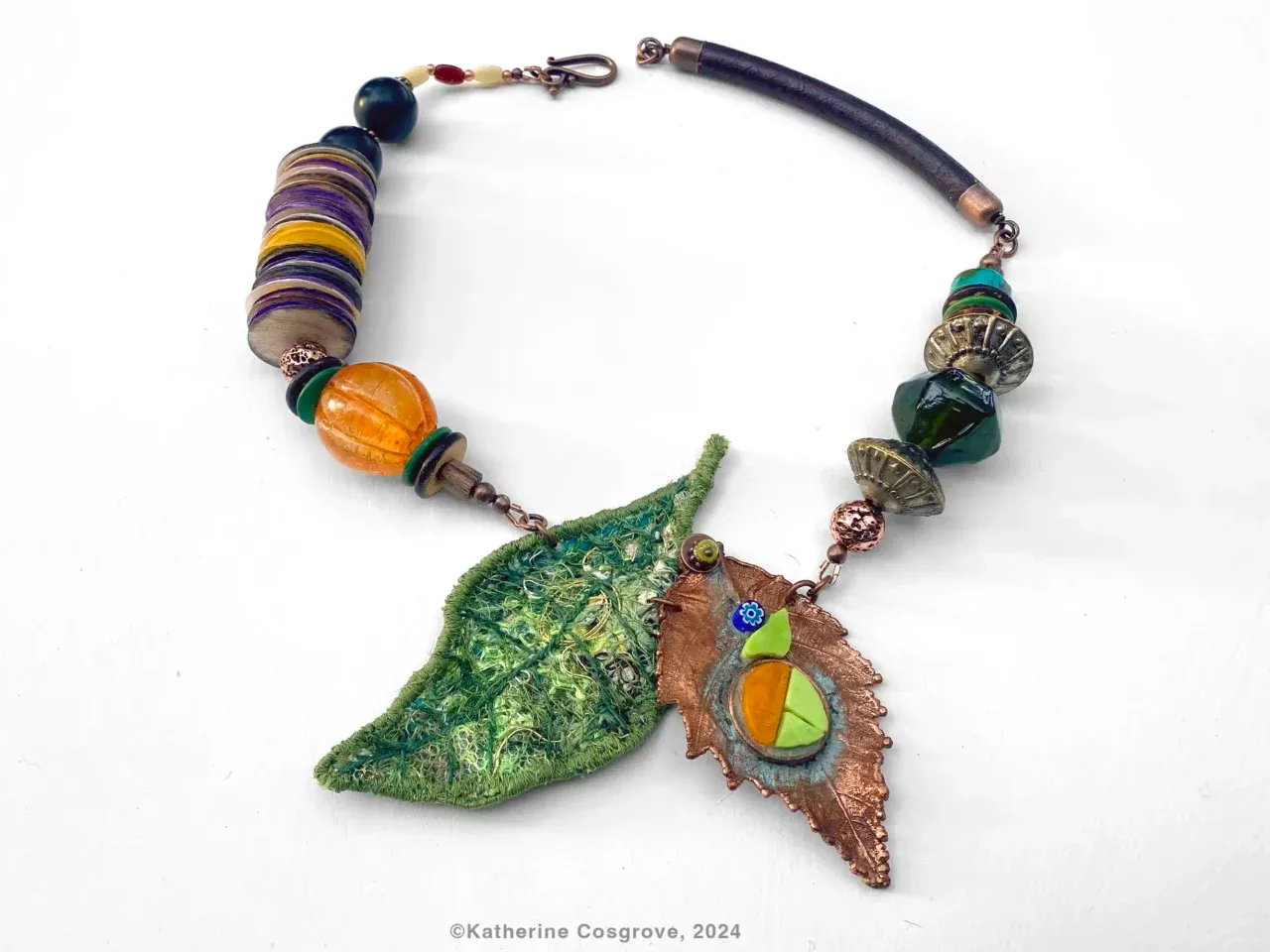 Necklace #11 — Australian nature in copper, glass beads, shell beads, metal beads, stone beads, fabric, copper, leather, 49 cm