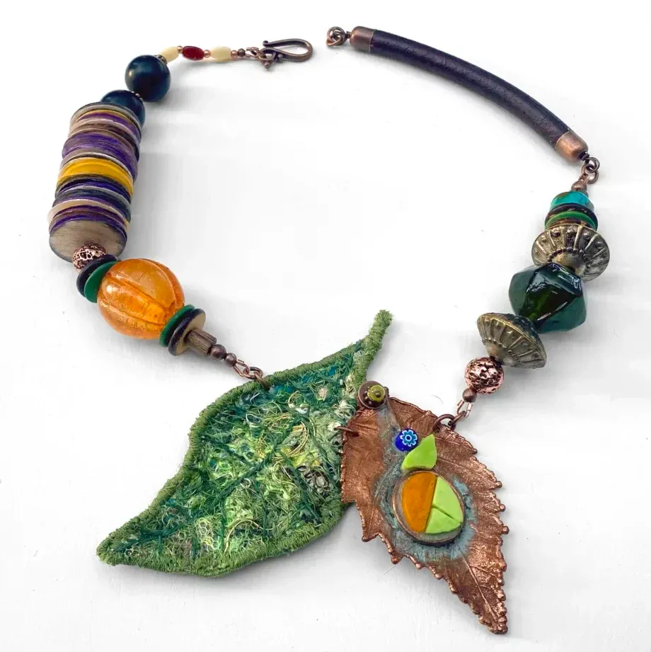 Necklace #11 — Australian nature in copper, glass beads, shell beads, metal beads, stone beads, fabric, copper, leather, 49 cm
