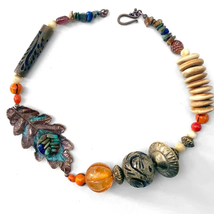Necklace #10 — Australian nature in copper, glass beads, stone beads, metal beads, wooden beads, ceramic beads, copper, 49 cm