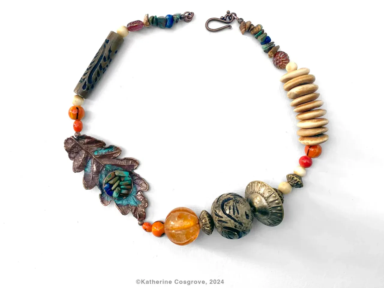 Necklace #10 — Australian nature in copper, glass beads, stone beads, metal beads, wooden beads, ceramic beads, copper, 49 cm