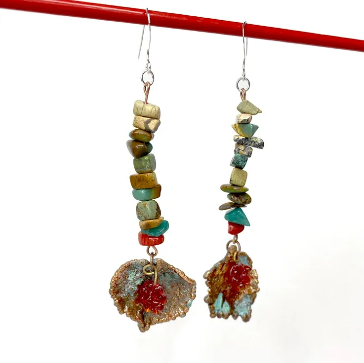 Copper Hydrangea Flower Earrings — 925 Sterling Silver, copper, red glass flowers, stone beads (African turquoise, coral, aventurine), hydrangea petal, 85 mm
