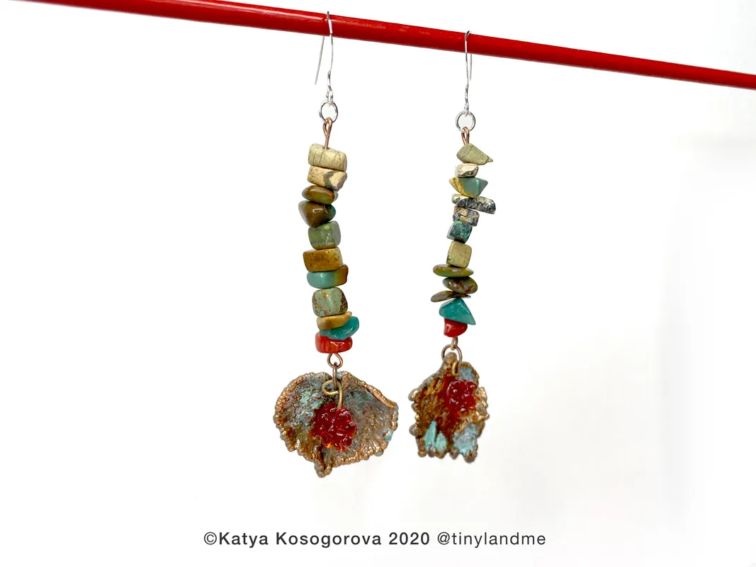 Copper Hydrangea Flower Earrings — 925 Sterling Silver, copper, red glass flowers, stone beads (African turquoise, coral, aventurine), hydrangea petal, 85 mm