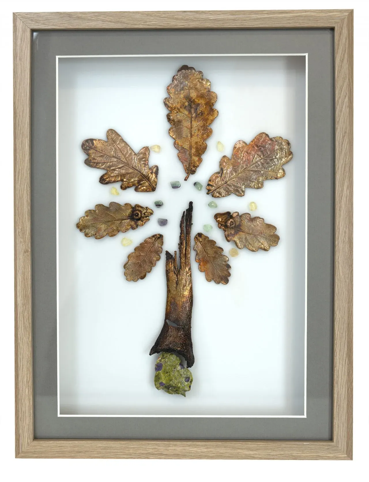 Oak Tree — Copper, crystals (fluorite, citrine, atlantisite) on acrylic