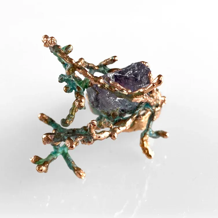Leucophyta Brownii Ring with Raw Amethyst — Copper twig (Cushion Bush), raw amethyst, Adjustable