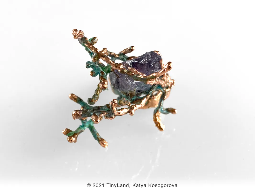 Leucophyta Brownii Ring with Raw Amethyst — Copper twig (Cushion Bush), raw amethyst, Adjustable